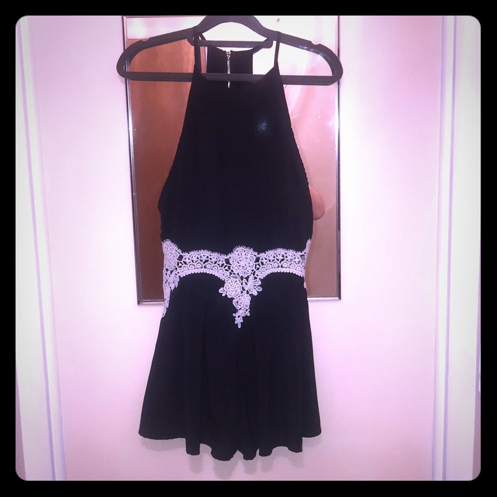 Navy blue romper, with white lace